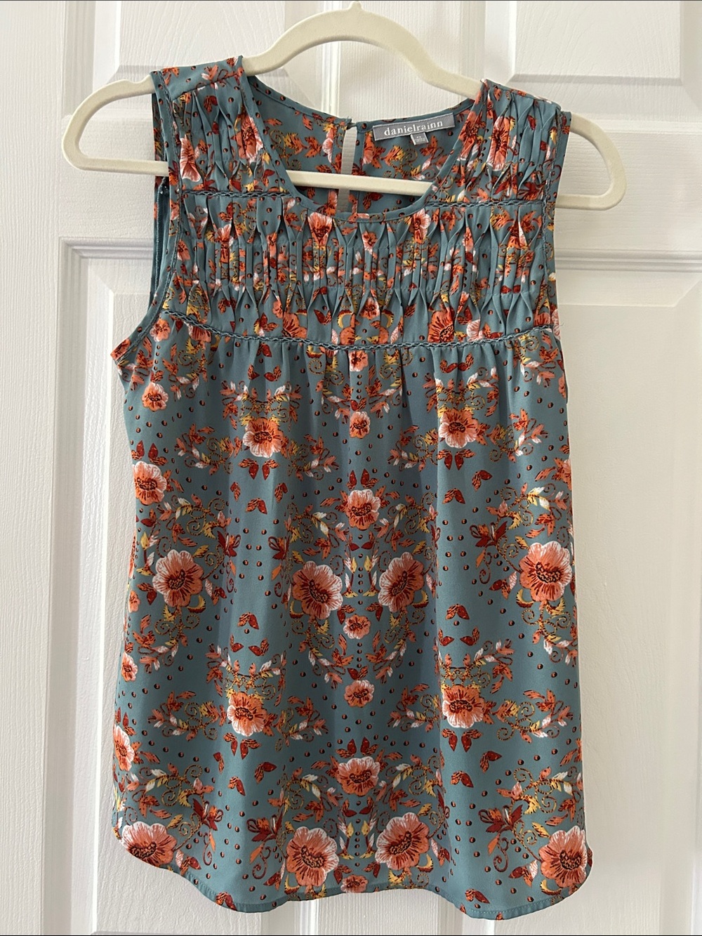 Daniel Rainn Pleated Neck Floral Blouse Blue & Orange PS